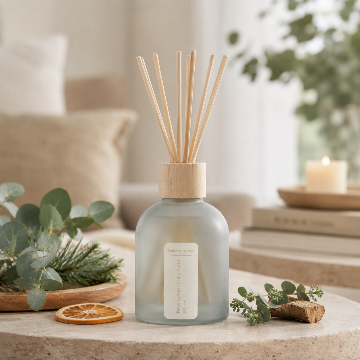 Diffuseur à roseaux Terre calme — pin, eucalyptus et bois de santal