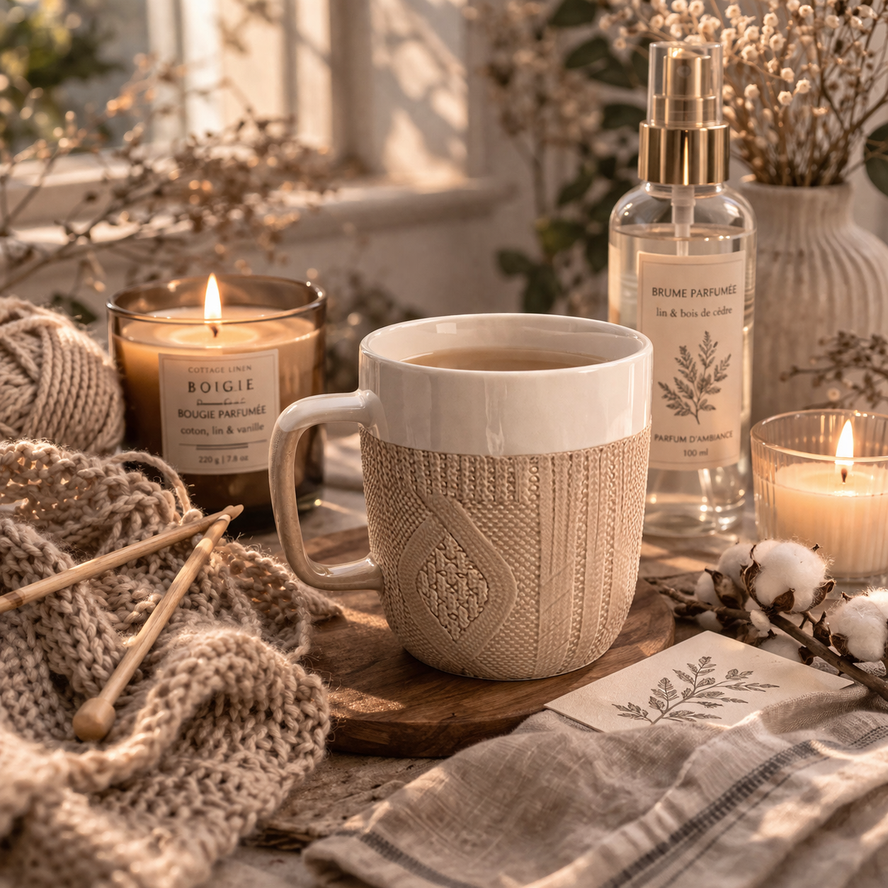 Tasse texturée beige effet tricot
