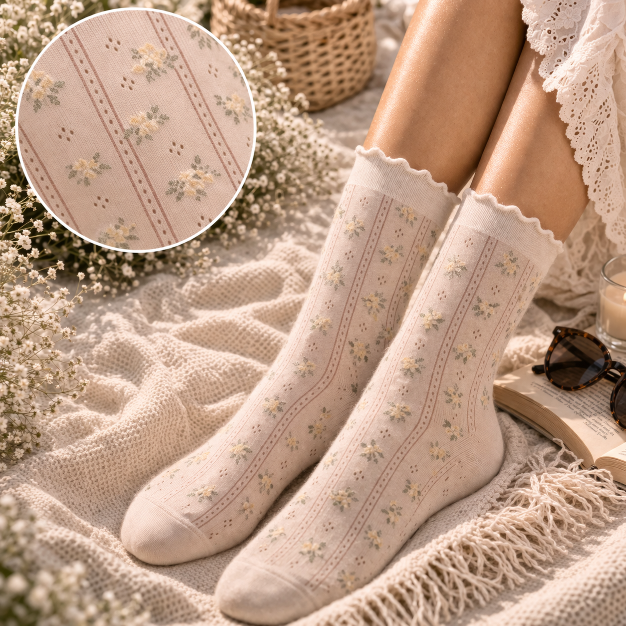 Chaussettes délicates fleuries - 3 modèles de couleurs O/S