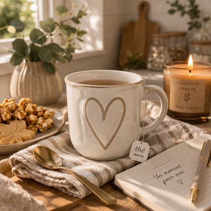 Tasse cœur doré – Blanche et beige