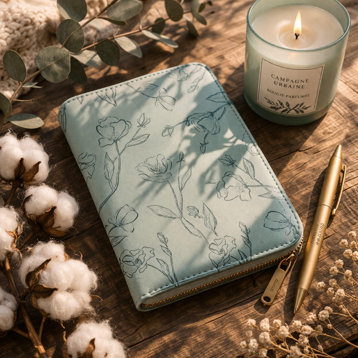 Journal zippé – Vert tendre & fleurs inspirantes