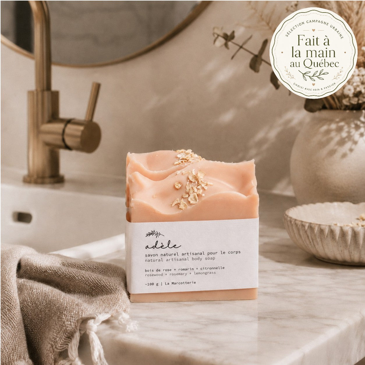 Savon fait à la main Adèle — bois de rose, romarin et citronnelle
