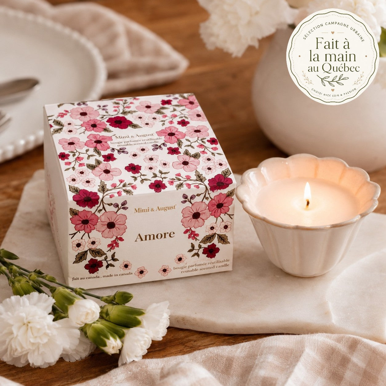 Bougie en céramique faite à la main – Amore, thé blanc, pamplemousse & rose