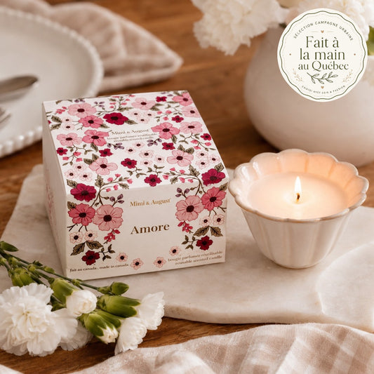 Bougie en céramique faite à la main – Amore, thé blanc, pamplemousse & rose