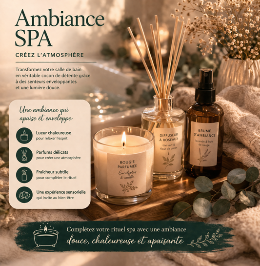 Section - Ambiance spa - Des essentiels parfumés et chaleureux pour transformer votre espace en véritable cocon de détente.