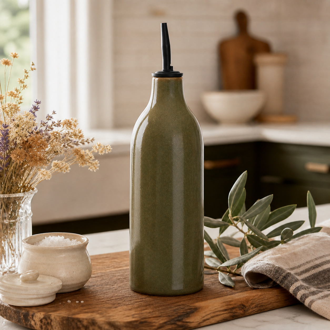 Bouteille d’huile en céramique vert olive