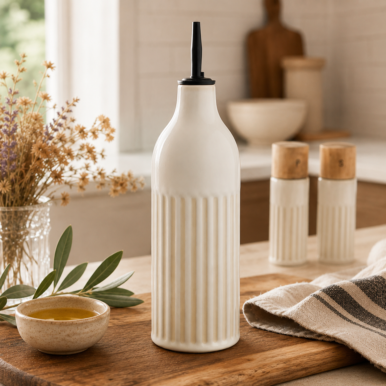 Bouteille d’huile en céramique crème cannelée