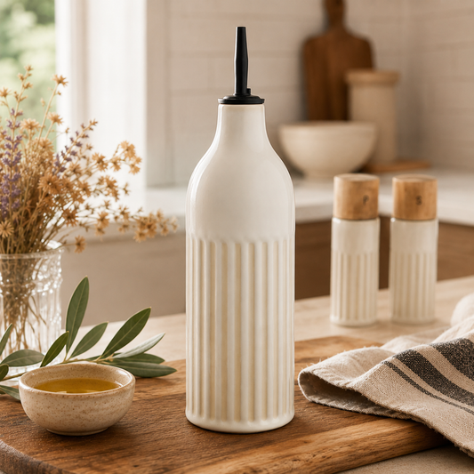 Bouteille d’huile en céramique crème cannelée
