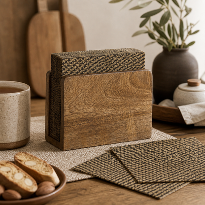 Ensemble porte-serviettes en bois de manguier avec serviettes décoratives