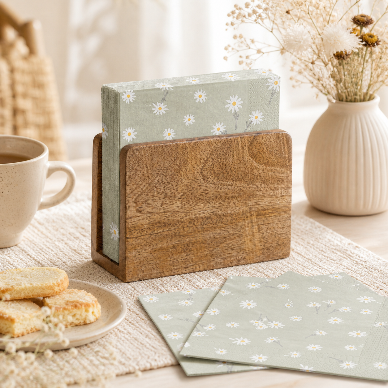 Ensemble porte-serviettes en bois de manguier avec serviettes décoratives