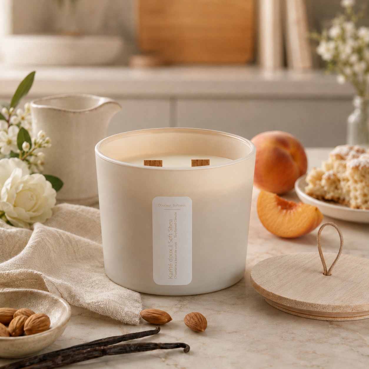 Bougie à 2 mèches de bois karité doux — pêche, amande et vanille
