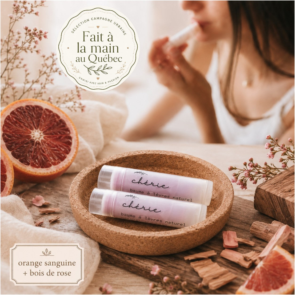 Beaume à lèvres Chérie doux et raffiné - orange sanguine et bois de rose
