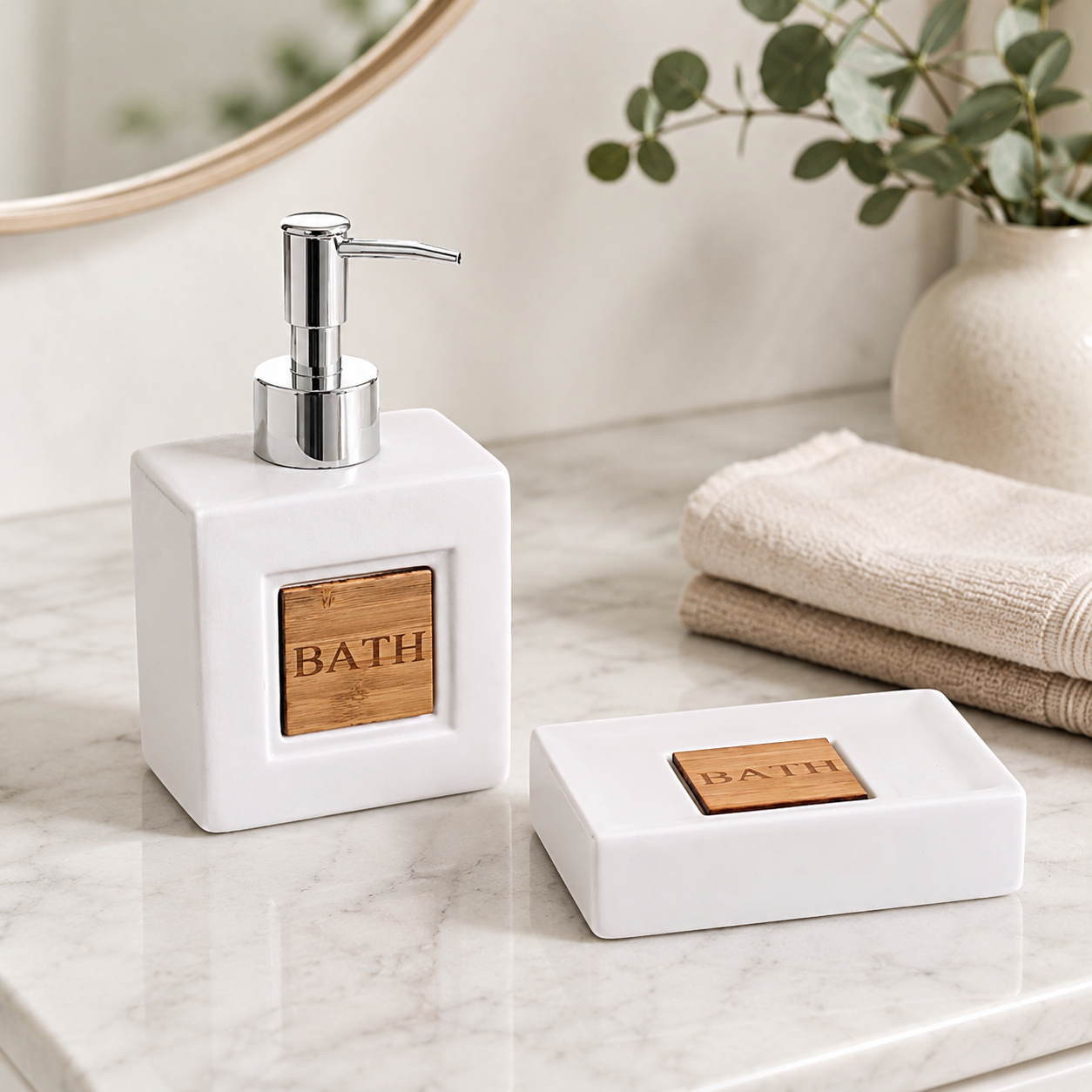 Accessoires de salle de bain en dolomite et bambou — Distributeur ou porte-savon