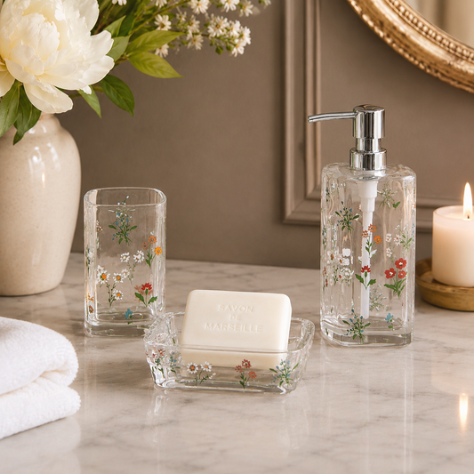 Accessoires de salle de bain en verre fleuri