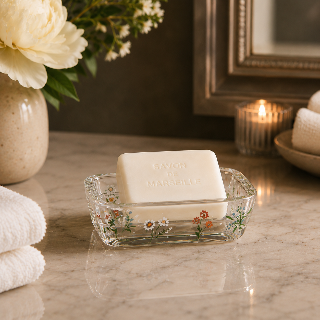 Accessoires de salle de bain en verre fleuri