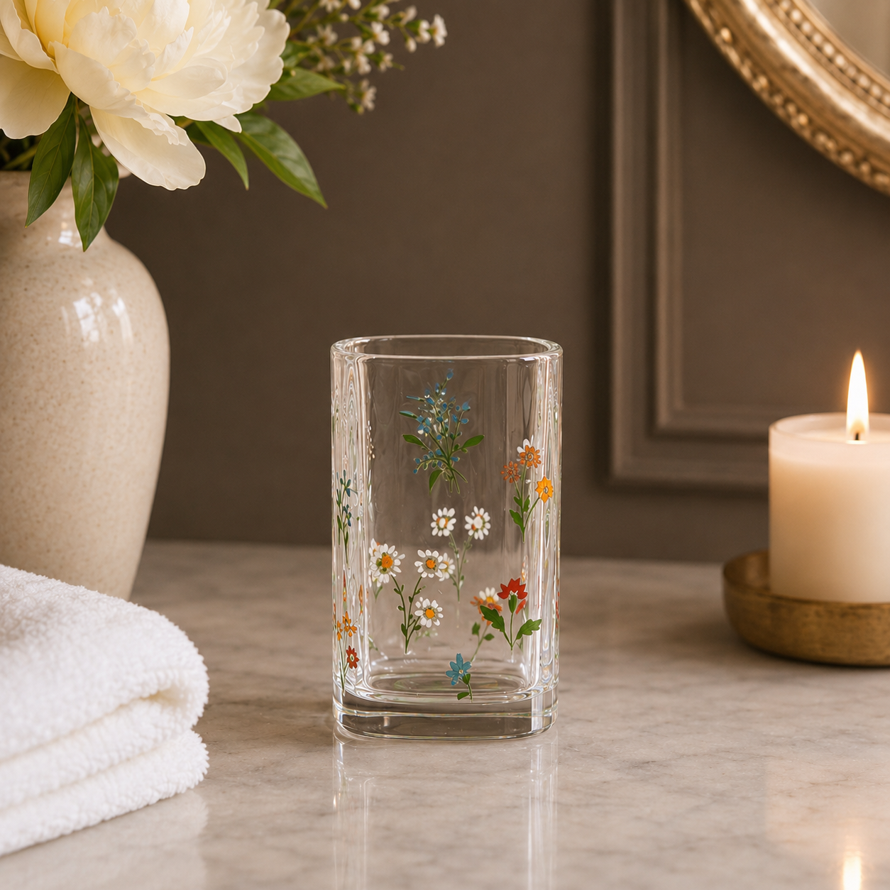 Accessoires de salle de bain en verre fleuri