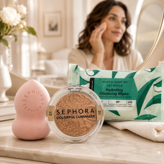 Trio teint lumineux Sephora Collection – fard Gold-01, éponge maquillage & lingettes aloe vera