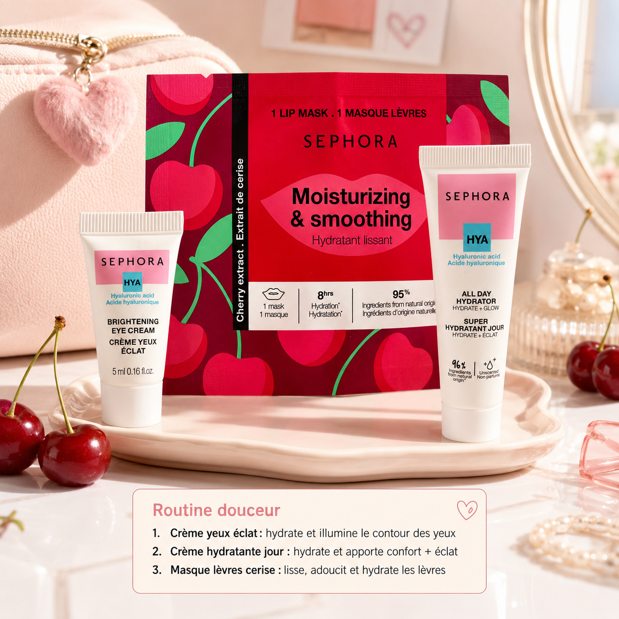 Trio Hydratation Éclat – Crème visage, crème yeux & masque lèvres cerise - Sephora collection