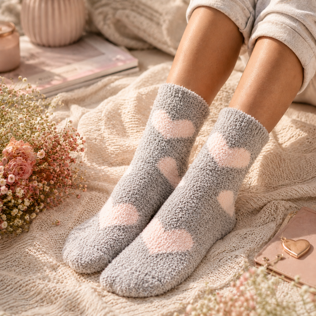 Bas confort coeur peluche – Gris & coeur rose pâle