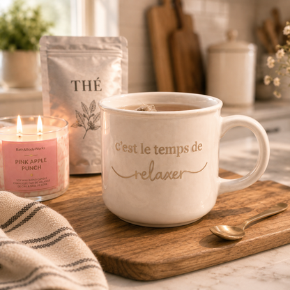 Tasse « C'est le temps de relaxer » – Blanc et beige
