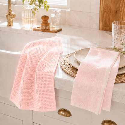Serviette de cuisine fines rayures rosées - choix de 2 modèles