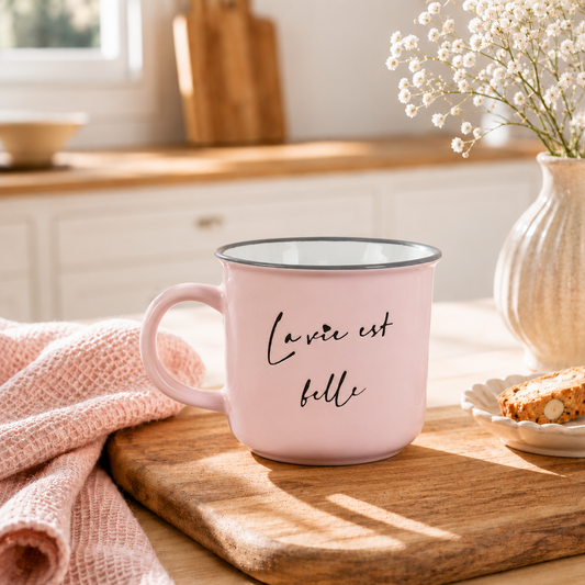 Tasse message bilingue – La vie est belle / Life is beautiful (Rose pâle)