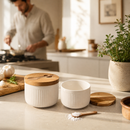 Pot à sel en porcelaine et bois avec cuillère