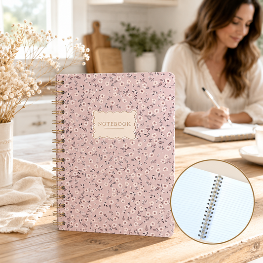 Carnet spiralé doré – Motif floral délicat