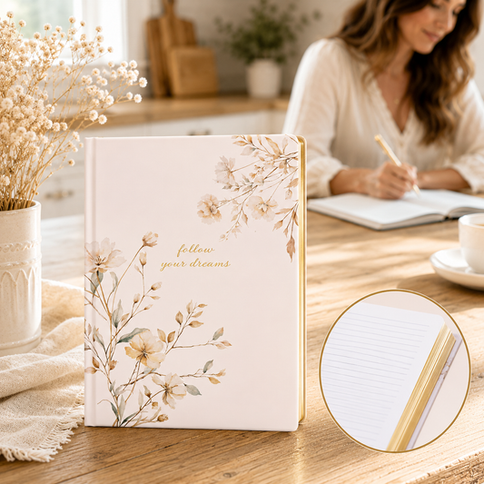 Carnet de note rigide Floraison dorée – Écriture élégante