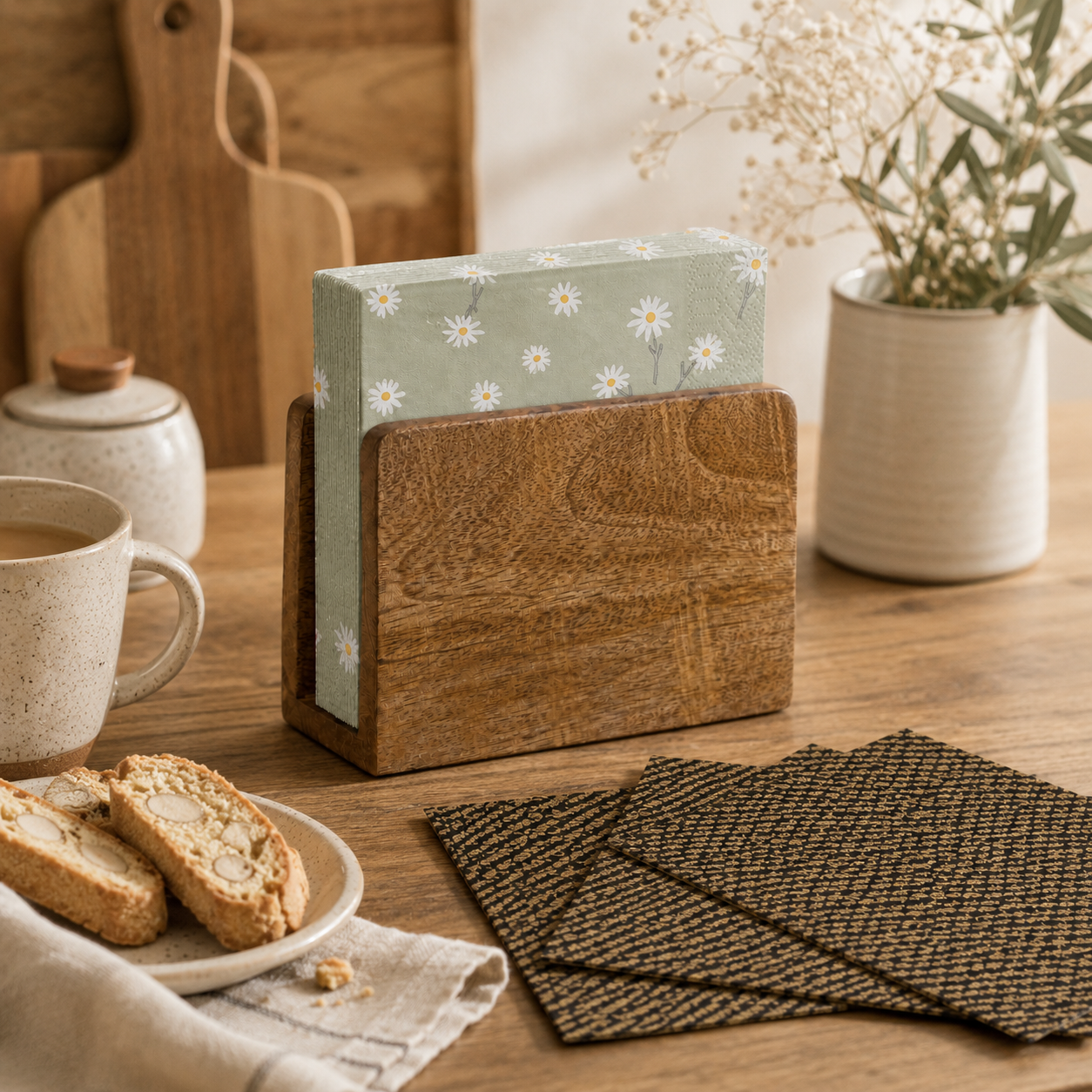 Ensemble porte-serviettes en bois de manguier avec serviettes décoratives