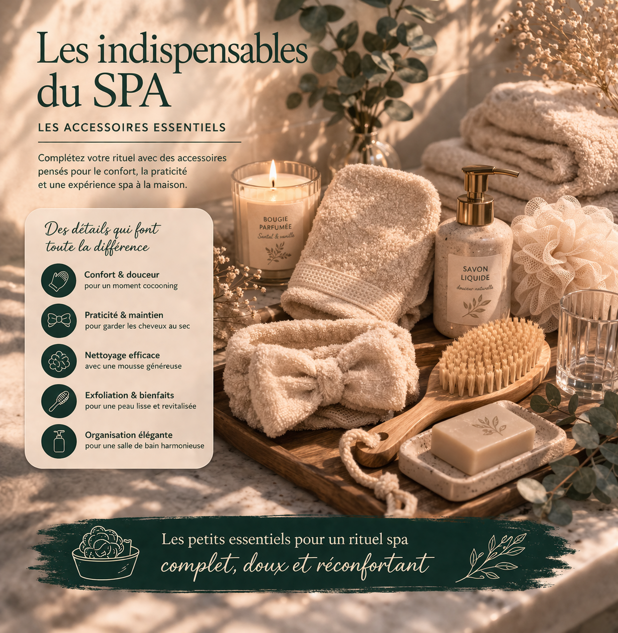 Section - Les essentiels du spa - De petites attentions utiles et raffinées pour compléter votre rituel et profiter pleinement de votre moment détente.