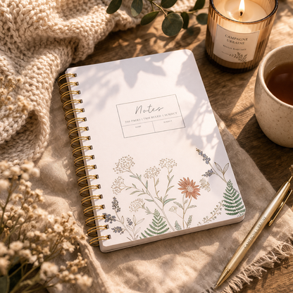 Carnet de notes à reliure spirale – Motif floral, ivoire