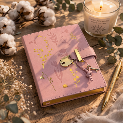 Journal à cadenas  – Rose poudré & dorures florales